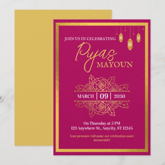 Mayoun Maroon and Gold Puja Invitation (Voorkant / Achterkant)