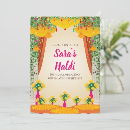 Mayoun uitnodigingen & Mehndi uitnodiging Haldi ui (Staand voorkant)