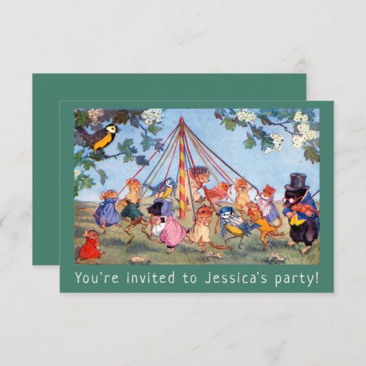 Maypole Dieren Kinderfeestuitnodiging Kaart (Voorkant / Achterkant)