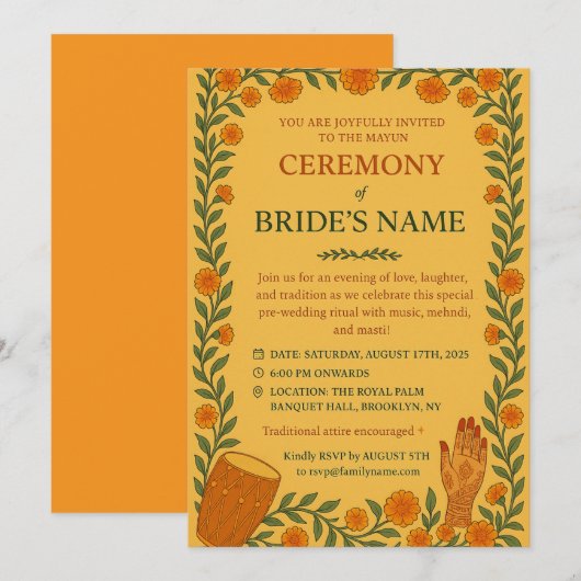 Mayun Sangeet Invite Kaart (Voorkant / Achterkant)