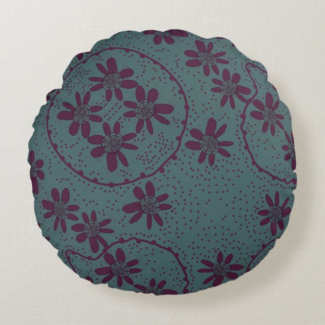 Maz Floral Bubbles Polka Dusty Zeewier Aubergine Rond Kussen (Voorkant)