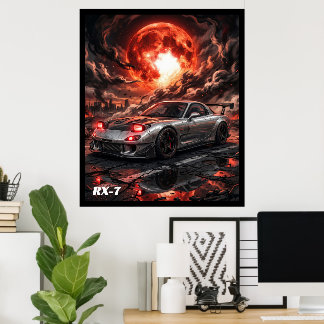 Mazda RX-7 Onder een Robijnrode Maan Poster