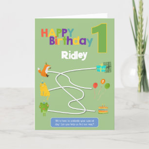 Maze Activity 1st Birthday Kaart - Animals Trace