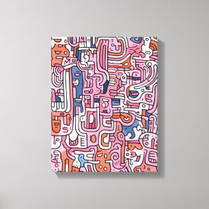 Maze Subway Pastel Pink Doodle Color Bars Canvas Afdruk