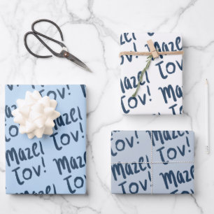 MAZEL TOV Bar Bat Mitzvah Handlettered Joods Blauw Inpakpapier Vel