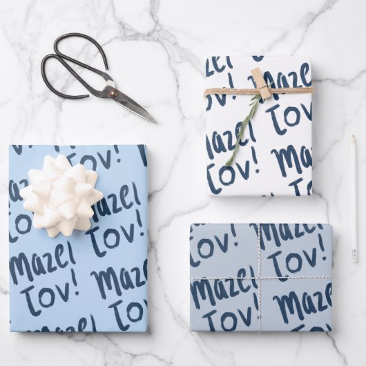 MAZEL TOV Bar Bat Mitzvah Handlettered Joods Blauw Inpakpapier Vel (Voorkant)