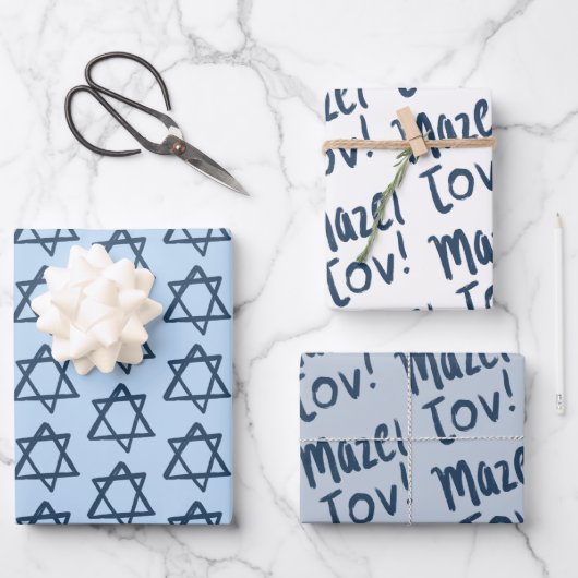 MAZEL TOV Bar Bat Mitzvah Handlettered Joods Blauw Inpakpapier Vel (Voorkant)