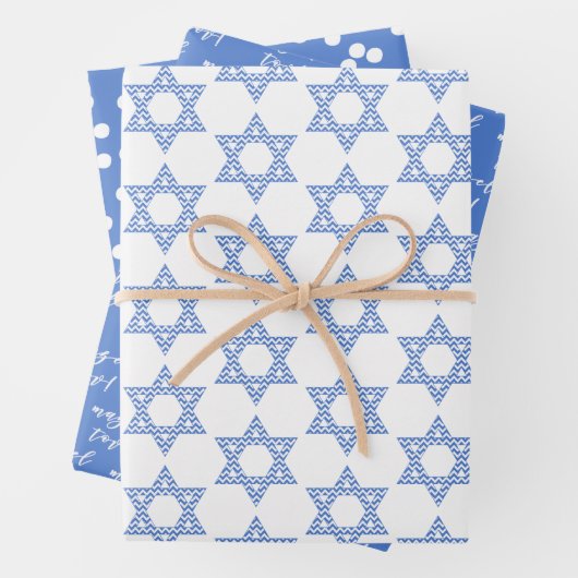 Mazel tov! Blauwe ster van David en Polkadots Inpakpapier Vel (In situ)