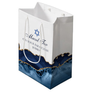Mazel Tov Chic Blue Gold Gepersonaliseerde vleermu Medium Cadeauzakje