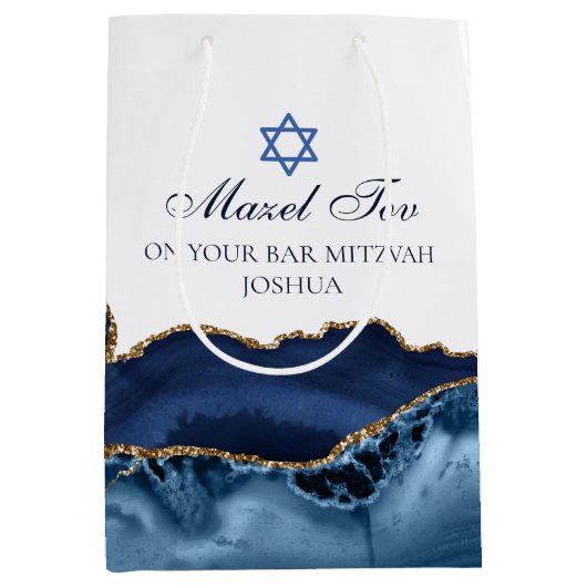 Mazel Tov Chic Blue Gold Gepersonaliseerde vleermu Medium Cadeauzakje (Voorkant)