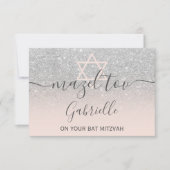 Mazel Tov Silver Glitter Roze Bat Mitzvah Bedankkaart (Voorkant)