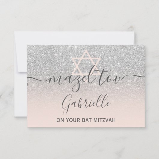Mazel Tov Silver Glitter Roze Bat Mitzvah Bedankkaart (Voorkant)
