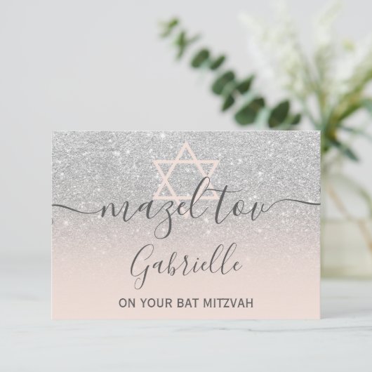 Mazel Tov Silver Glitter Roze Bat Mitzvah Bedankkaart (Staand voorkant)
