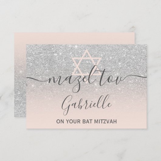 Mazel Tov Silver Glitter Roze Bat Mitzvah Bedankkaart (Voorkant / Achterkant)
