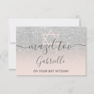 Mazel Tov Silver Glitter Roze Bat Mitzvah Bedankkaart