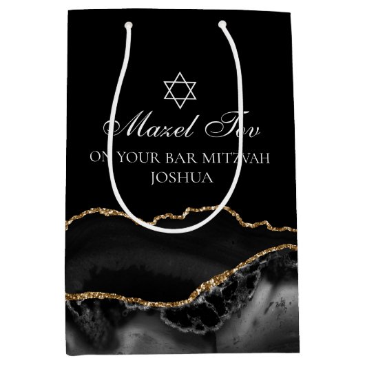 Mazel Tov Zwart Goud Gepersonaliseerde Bar Mitswa Medium Cadeauzakje (Voorkant)