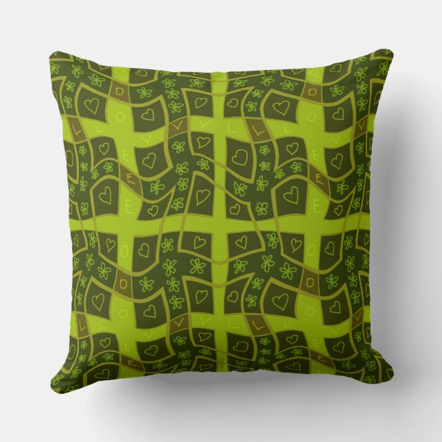 Mazipoodles Floral Love Hearts Check - Groene Olij Kussen (Achterkant)