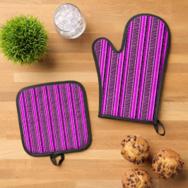 MAZIPOODLES Gestreepte geribbelde breipatroon 001  Ovenwant & Pannenlap Set