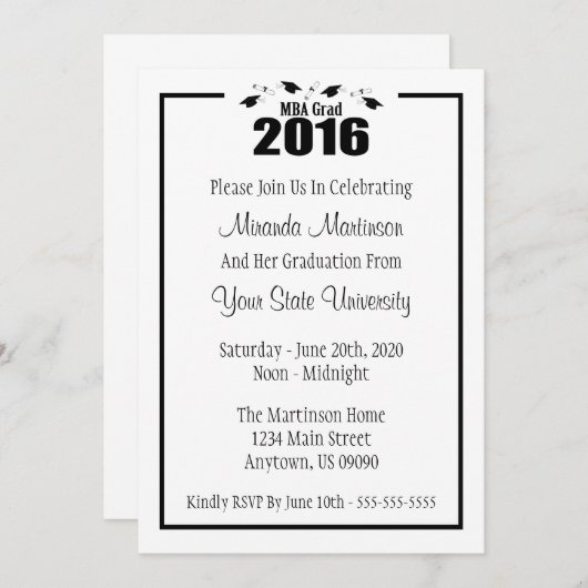 MBA-Afstudeerder 2016 Afstuderen Uitnodigen (Zwart Kaart (Voorkant / Achterkant)
