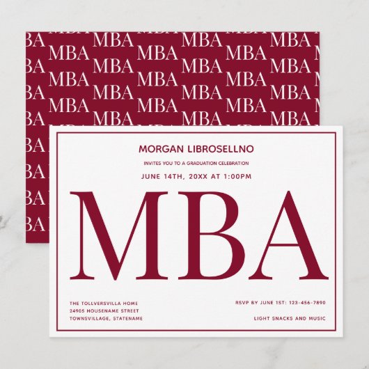 MBA degree Burgundy White Graduation Party Kaart (Voorkant / Achterkant)