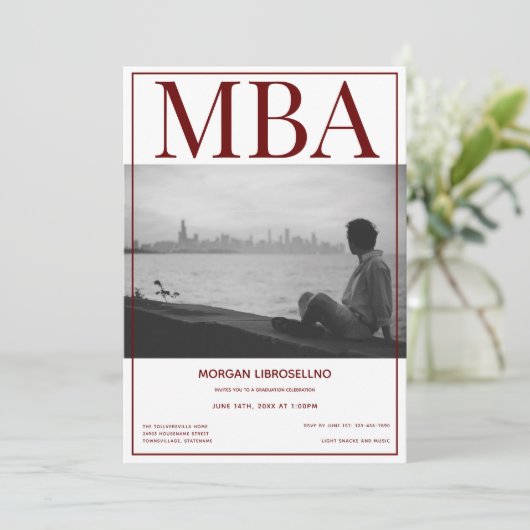 MBA degree White Burgundy Photo Graduparty Kaart (Staand voorkant)