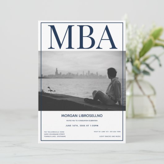 MBA-graad White Blue Photo Graduparty Kaart (Staand voorkant)