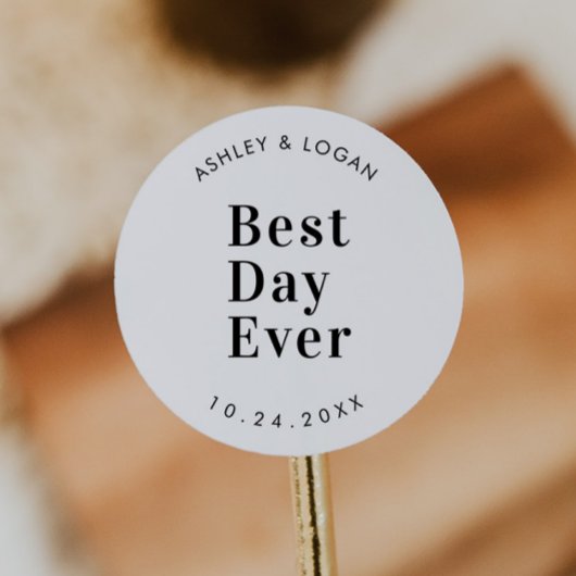 MBest Day Ever Modern Wedding Favor Ronde Sticker