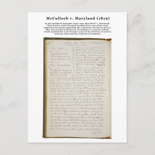 McCulloch v. Maryland, 17 U.S. 316 (1819) Briefkaart (Voorkant)