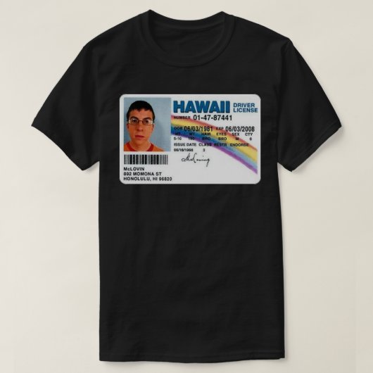 Mclovin Fake ID Sticker T-shirt (Design voorkant)