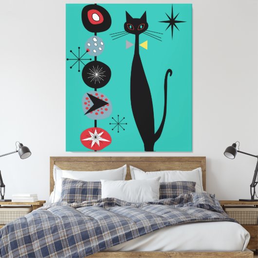 MCM Atomic Era Mid Century Moderne Retro Cool Cat Canvas Afdruk (Insitu (Slaapkamer))