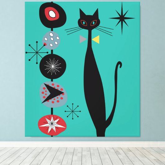 MCM Atomic Era Mid Century Moderne Retro Cool Cat Canvas Afdruk (Insitu (Houten vloer))