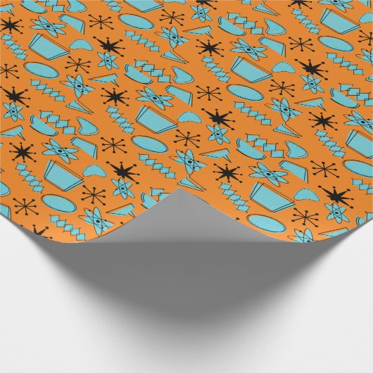 MCM Atomic Shapes Turquoise op Sinaasappel Cadeaupapier (Hoek)