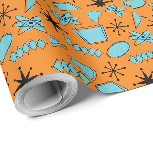 MCM Atomic Shapes Turquoise op Sinaasappel Cadeaupapier (Rol Hoek)