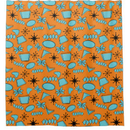 MCM Atomic Shapes Turquoise op Sinaasappel Douchegordijn