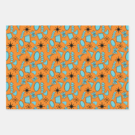 MCM Atomic Shapes Turquoise op Sinaasappel Inpakpapier Vel