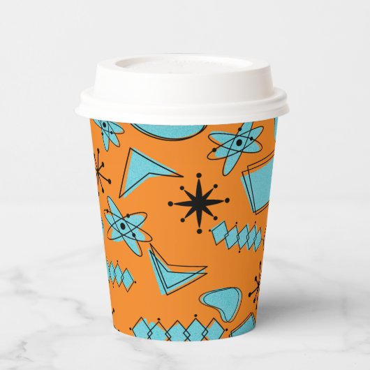 MCM Atomic Shapes Turquoise op Sinaasappel Papieren Bekers (Links)