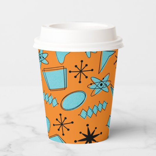 MCM Atomic Shapes Turquoise op Sinaasappel Papieren Bekers (Achterkant)