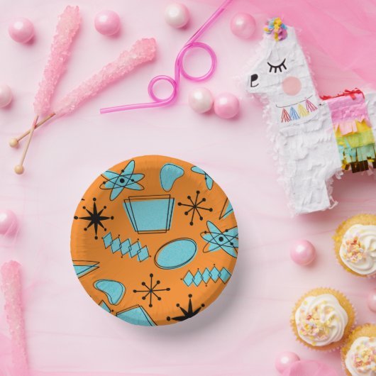 MCM Atomic Shapes Turquoise op Sinaasappel Papieren Kommen (Feest)