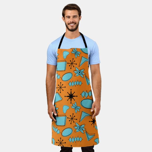 MCM Atomic Shapes Turquoise op Sinaasappel Schort (Gedragen)