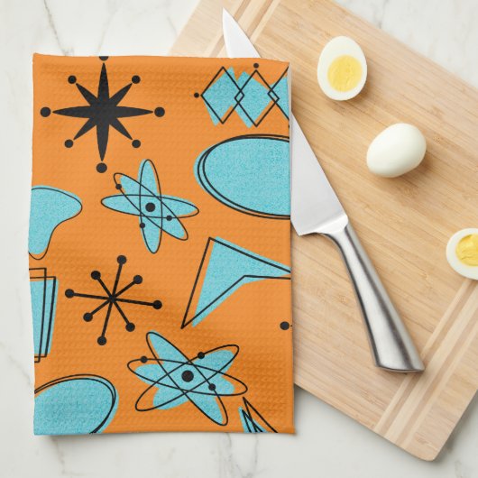 MCM Atomic Shapes Turquoise op Sinaasappel Theedoek (Quarter Fold)