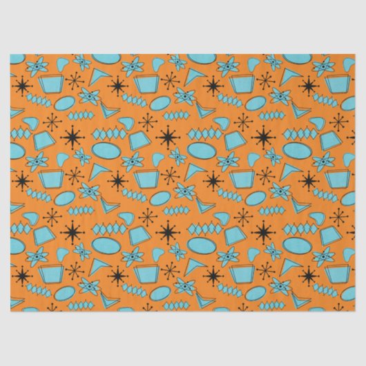 MCM Atomic Shapes Turquoise op Sinaasappel Tissuepapier (Voorkant)