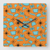 MCM Atomic Shapes Turquoise op Sinaasappel Vierkante Klok (Voorkant)