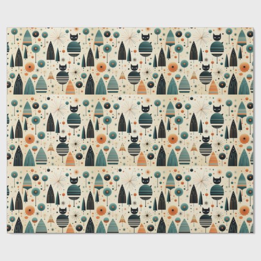 MCM Funky Zwarte Katten Bomen Bloemen Sterren Cadeaupapier (Vlak)