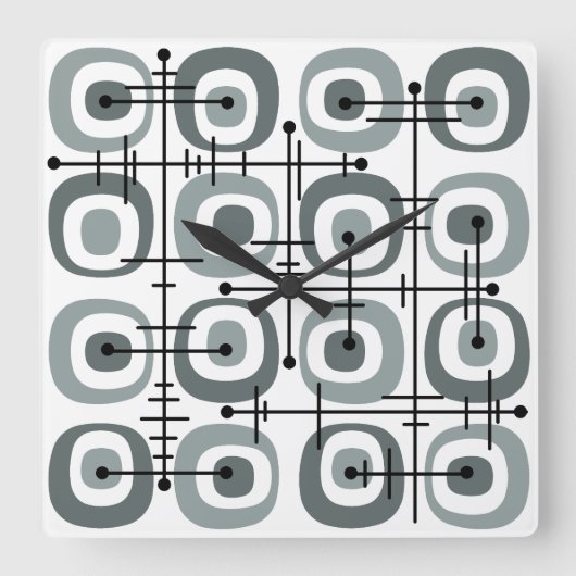MCM Midcentury Abstract Patroon Grijs Vierkante Klok (Voorkant)