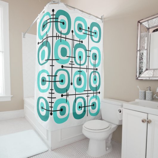 MCM Mideeuw Abstract Patroon Turquoise Douchegordijn (In situ)