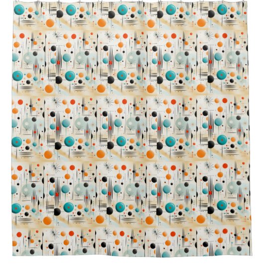 MCM Space Age Retro Patroon Blauw Rood Geel Douchegordijn (Voorkant)