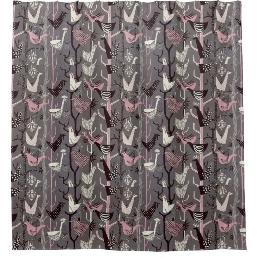 MCM Vogels Kippen Eenden Roze Zwart Grijs Wit Douchegordijn (Voorkant)