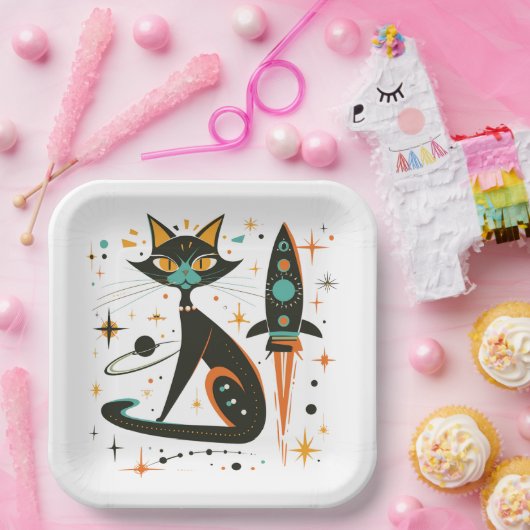 MCM Zwarte Kat Retro Ruimteschip Sterren Planeten Papieren Bordje (Feest)