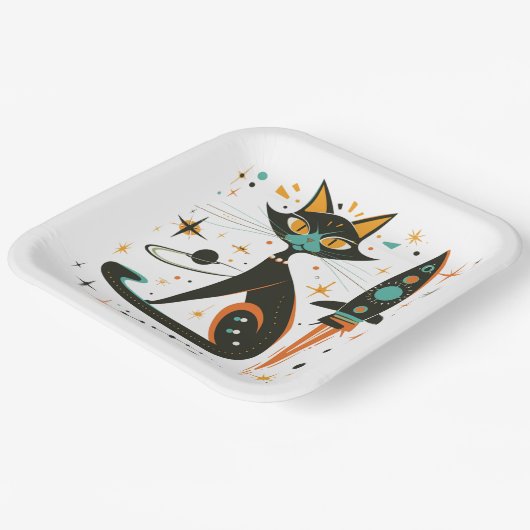 MCM Zwarte Kat Retro Ruimteschip Sterren Planeten Papieren Bordje (Gebogen)
