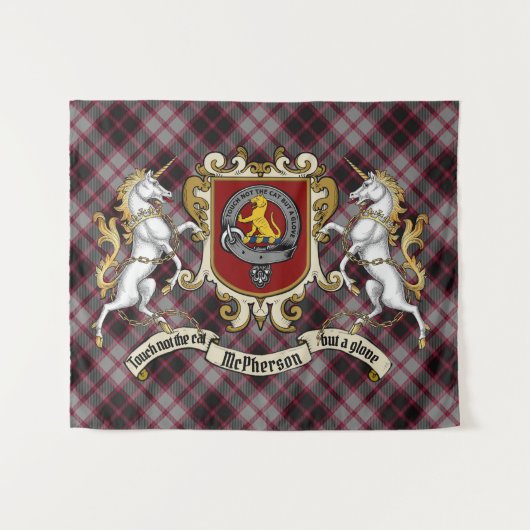 McPherson Clan Badge & Unicorns w/Tartan Wandkleed (Voorkant (horizontaal))